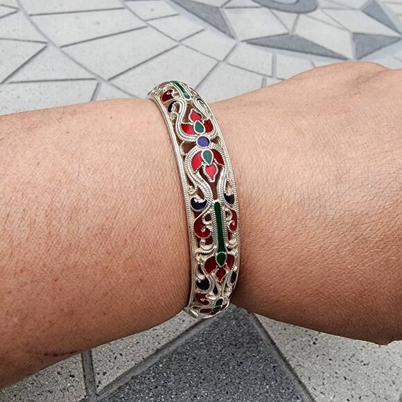 Unbranded Jewelry - Bollywood .925 Sterling Silver Enamel Filigree Open Work Bangle Bracelet Vintage
